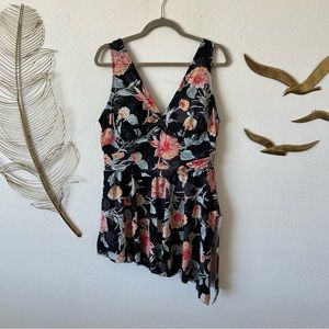 Torrid Floral Ruched V Neck Built In Bra Side Slit Skirt One Piece Swimsuit